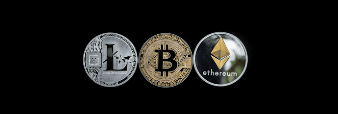 Logos for Bitcoin, Ethereum, and Litecoin)